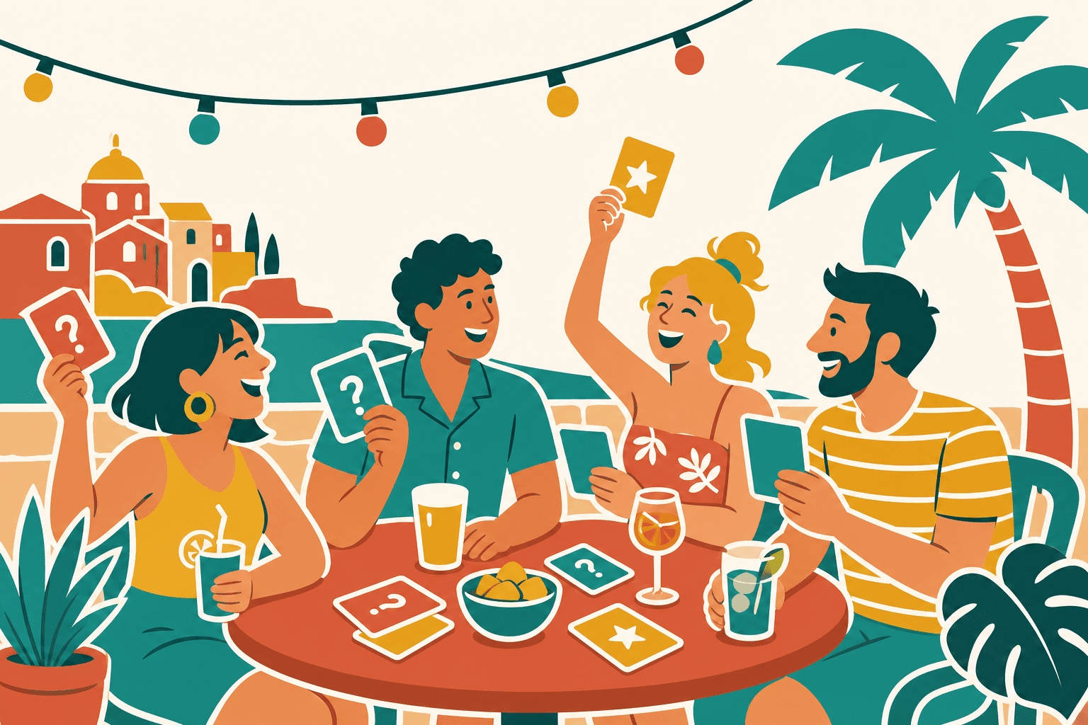 Vrienden spelen pubquiz op een zomerterras